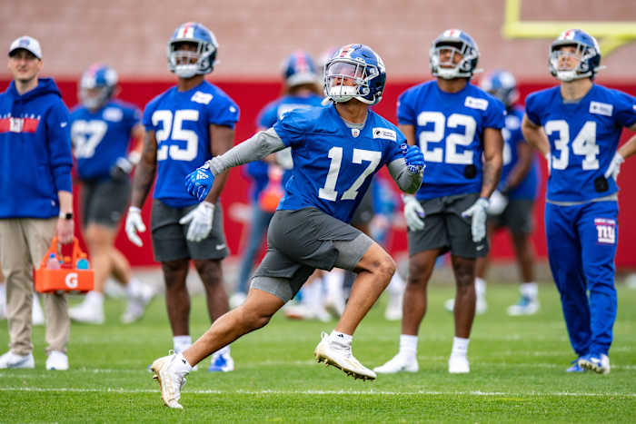 May 13, 2022; East Rutherford, NJ, USA; New York Giants wide receiver Wan'Dale Robinson (17) practices a drill during rookie camp at Quest Diagnostics Training Center.
